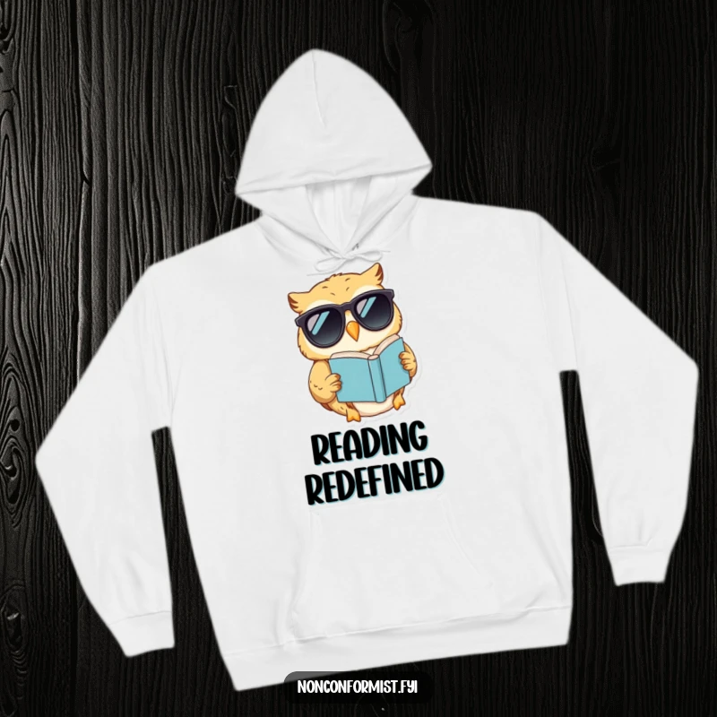 Funny hoodie featuring a wise owl in sunglasses engrossed in an upside-down book, radiating relaxed, humorous intelligence.
