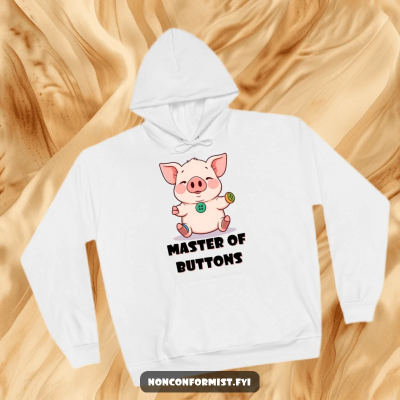 Funny Pig Hoodie: A pig juggles mismatched buttons, offering cozy humor and a perfect funny gift for all.