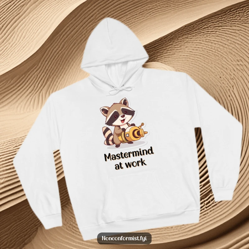 Funny raccoon character on a hoodie, intensely focused on constructing a peculiar, one-of-a-kind contraption with wild enthusiasm.