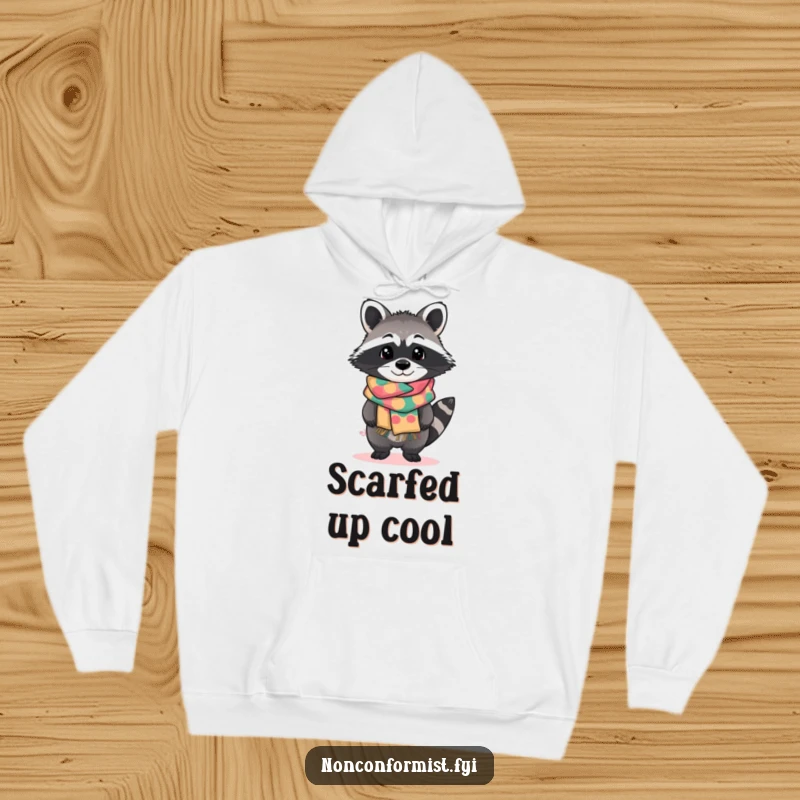 Funny hoodie featuring a standout raccoon character tilting curiously, wearing a brightly patterned handmade scarf, warm and stylish.