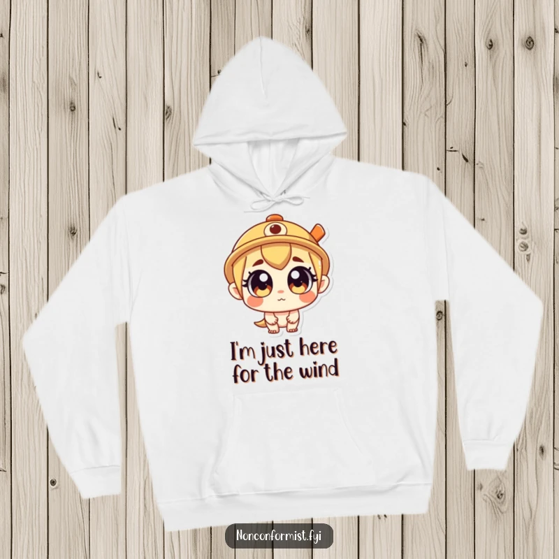 Funny Hoodie showcasing a curious character with big eyes and a propeller hat, designed for warmth and humor. A perfect funny gift.