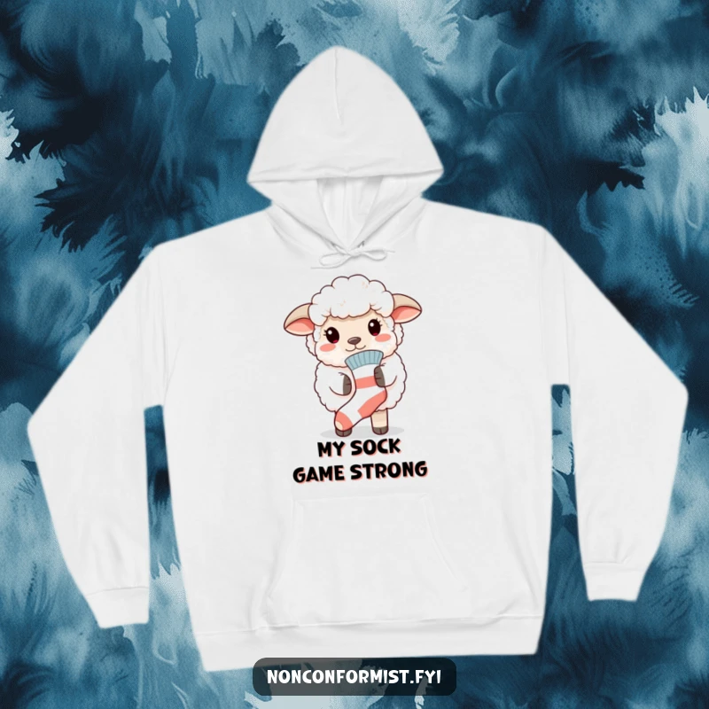 Funny hoodie featuring a fluffy sheep proudly displaying a mismatched sock, offering warmth and humorous individuality.