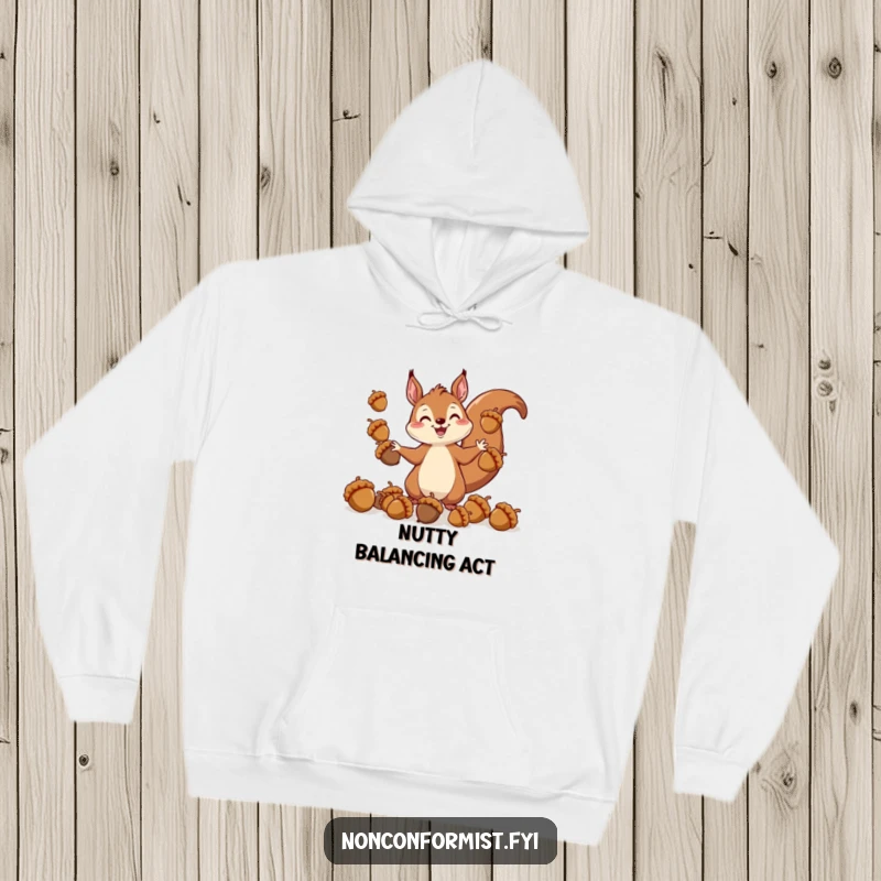 Funny hoodie showcasing a cheerful squirrel masterfully juggling a wildly diverse collection of acorns, capturing pure comedic energy.