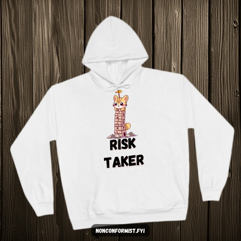 Funny hoodie with a small mole character showing fierce determination while building a very unstable, leaning tower.