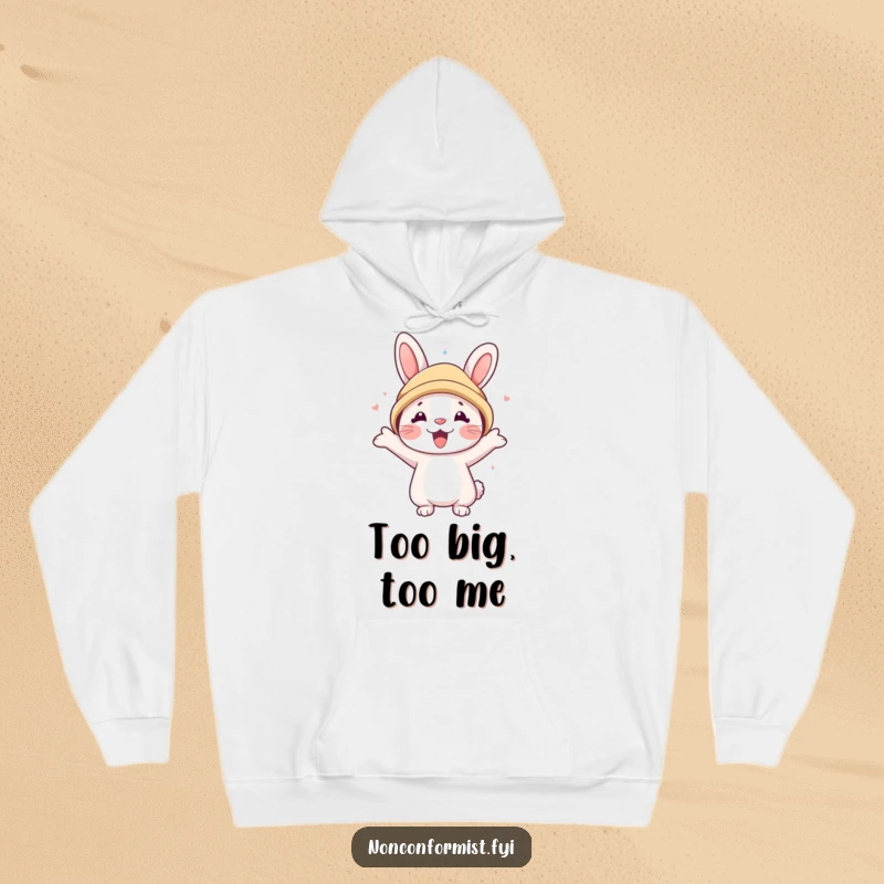 Funny hoodie depicting a cute rabbit trying its best to wear a comically large bear hat, full of enthusiasm.