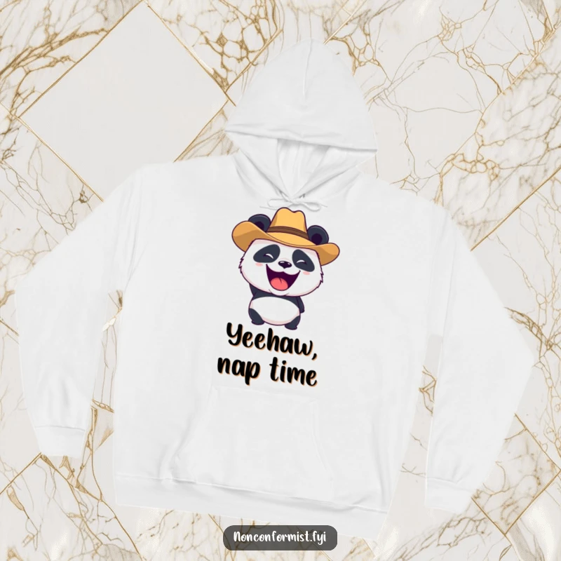 Funny panda character wearing a cowboy hat and roaring playfully, featured on a cozy hoodie, an excellent funny gift choice.