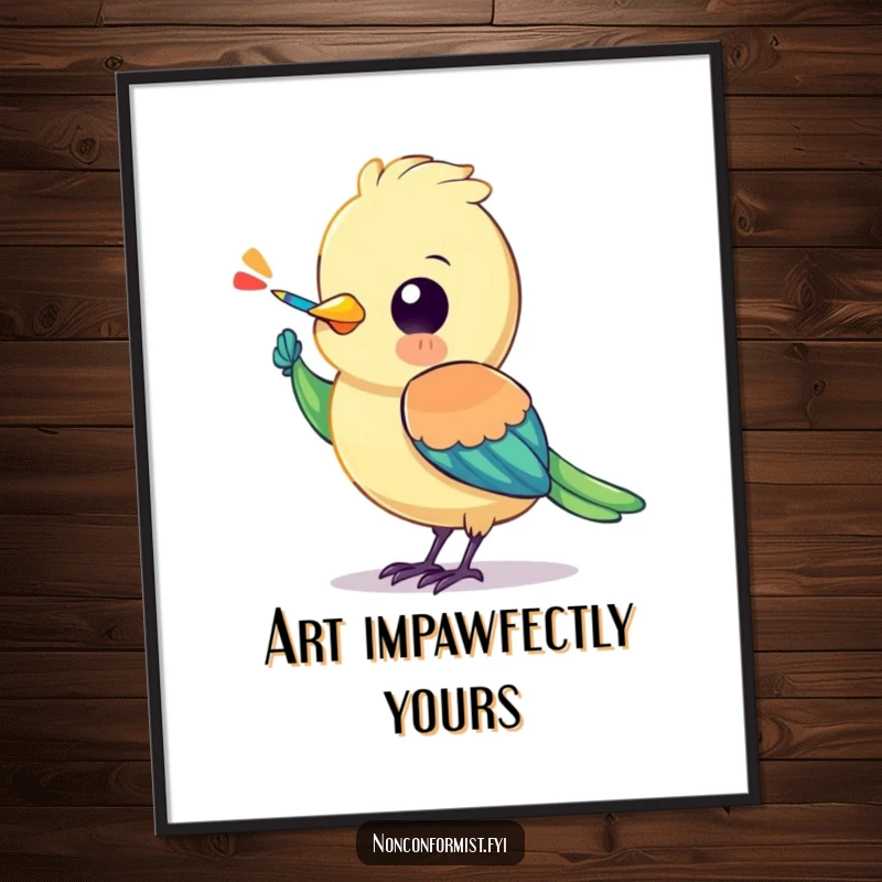 Funny Free Printable Bird Wall Art: Colorful bird painting a stripe on its own wing, a creative decor piece.