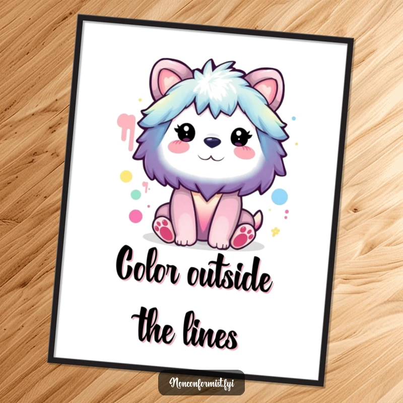 Funny Free Printable Wall Art: Animal character painting a vibrant rainbow using a palette of unexpected, unconventional colors. Creative, humorous downloadable.