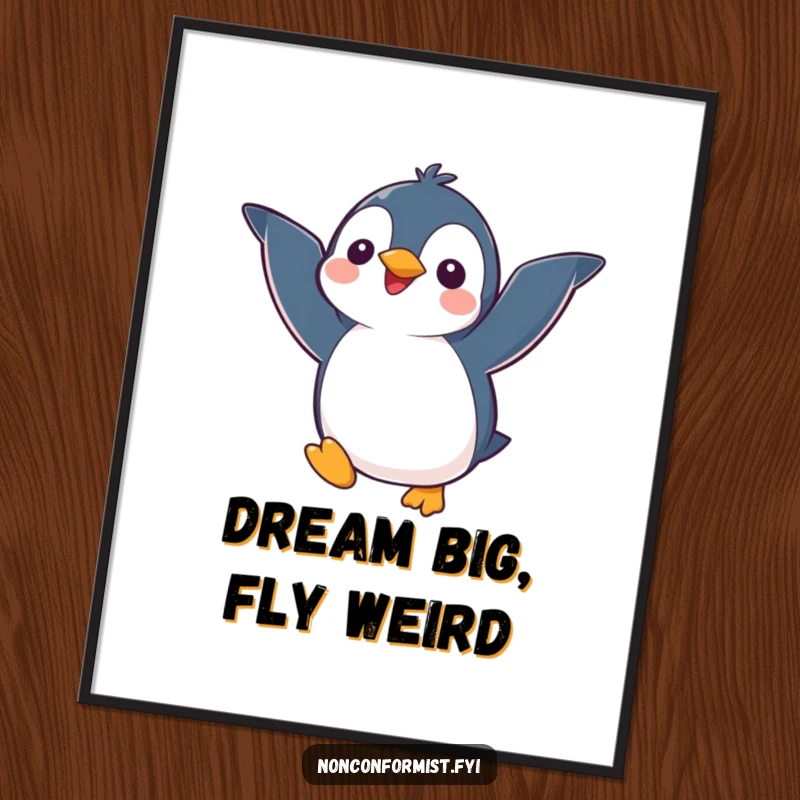 Funny free printable wall art: Kawaii penguin character adorably attempting flight with mismatched wings, whimsical.