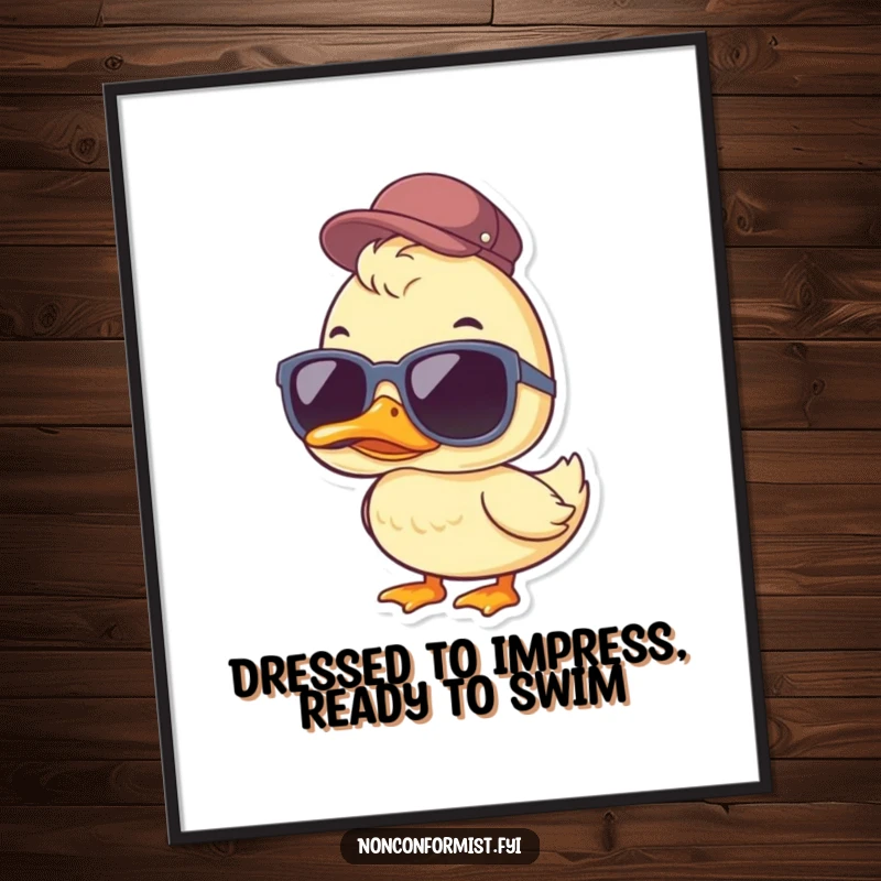 Funny Free Printable Wall Art: A duck sporting oversized sunglasses and a tiny, jaunty cap, exuding coolness.