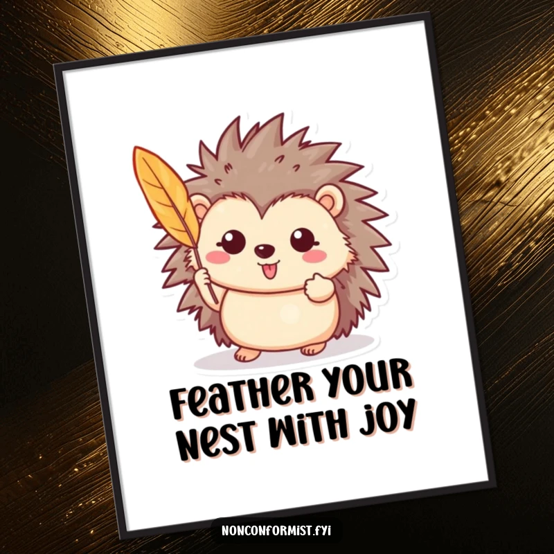 Funny free printable wall art depicting a cheerful hedgehog proudly displaying a single, brightly colored feather in a sweet scene.