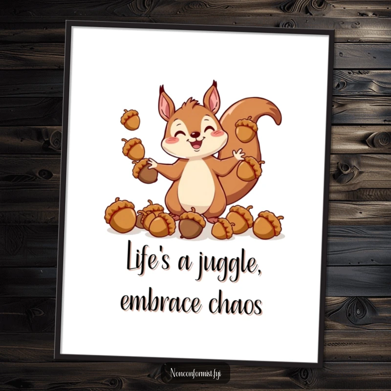 Funny Free Printable Wall Art featuring a cheerful squirrel artistically juggling mismatched acorns, perfect for home decor.