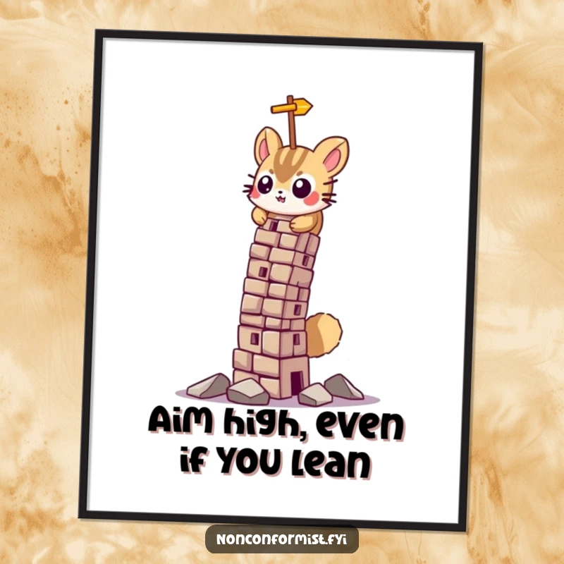Funny Free Printable Wall Art: A small animal concentrating hard while building a tilted tower.