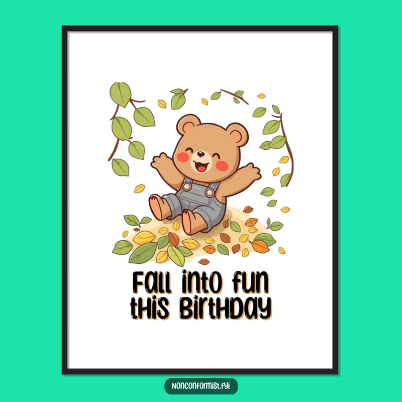 Free Printable Wall Art: Funny Bear Sliding on Leaves, Downloadable Autumn Decor