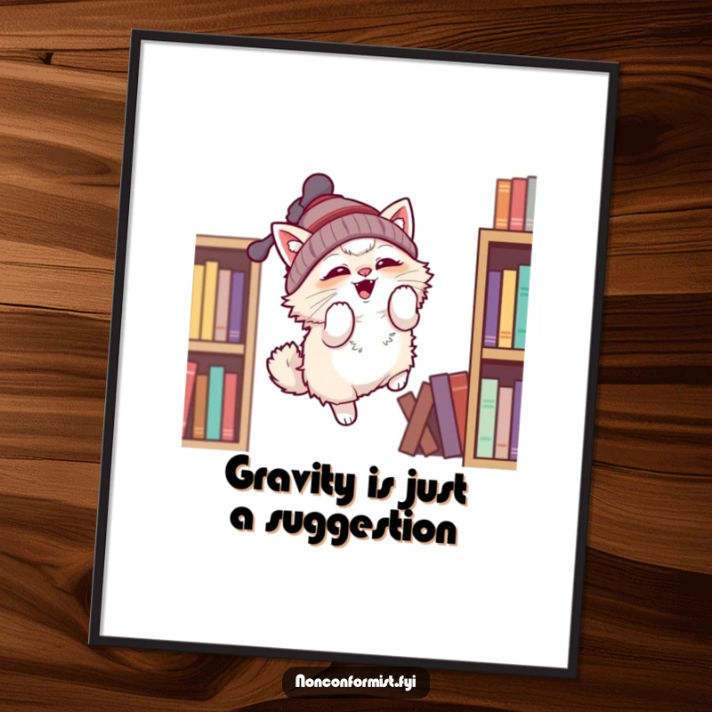 Funny Free Printable Wall Art of a cat wearing a propeller beanie, launching itself off a tall bookshelf.