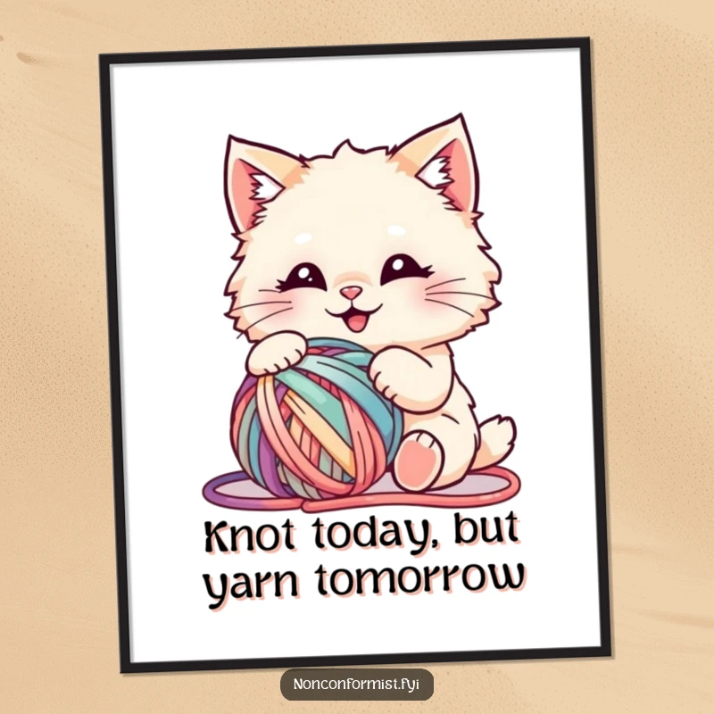 Funny free printable wall art featuring a fluffy cat gleefully wrestling with a ball of brightly colored yarn.