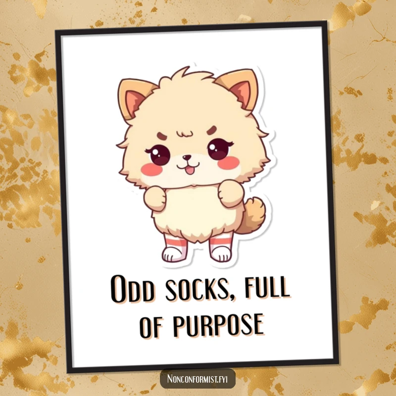 Funny Free Printable Wall Art: Proudly defiant fluffy animal sporting mismatched odd socks. Quirky, humorous downloadable art.