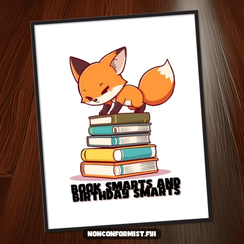 Funny free printable wall art: a determined fox character attempts to balance on a precarious, teetering stack of books.