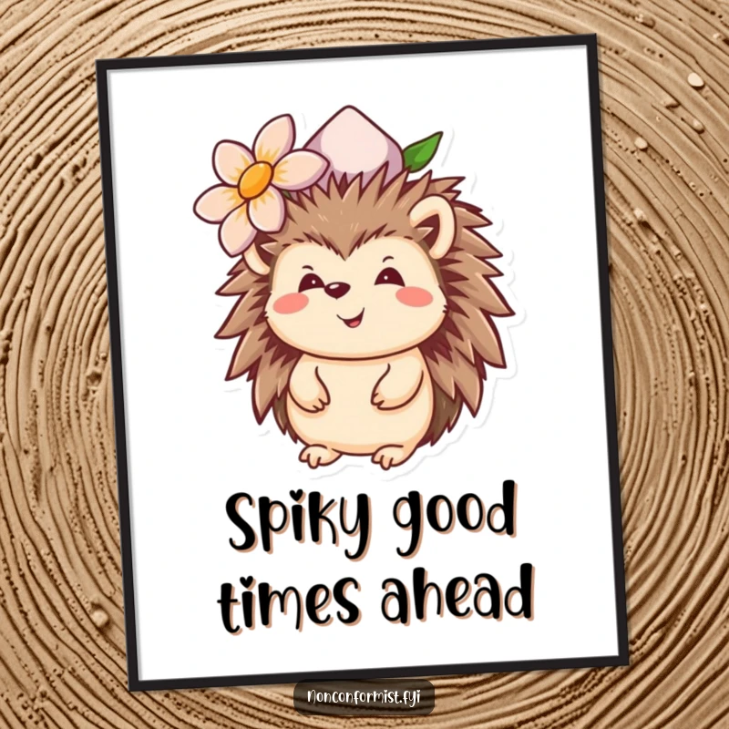 Funny Free Printable Wall Art: A smiling hedgehog character wearing a vibrant, upside-down flower as a hat.
