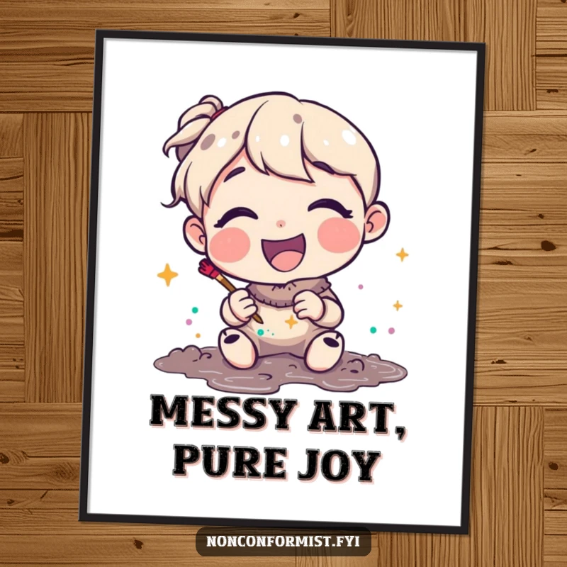 Funny Free Printable Wall Art: Joyful character utterly pleased with their glitter and mud artwork, whimsical downloadable art.