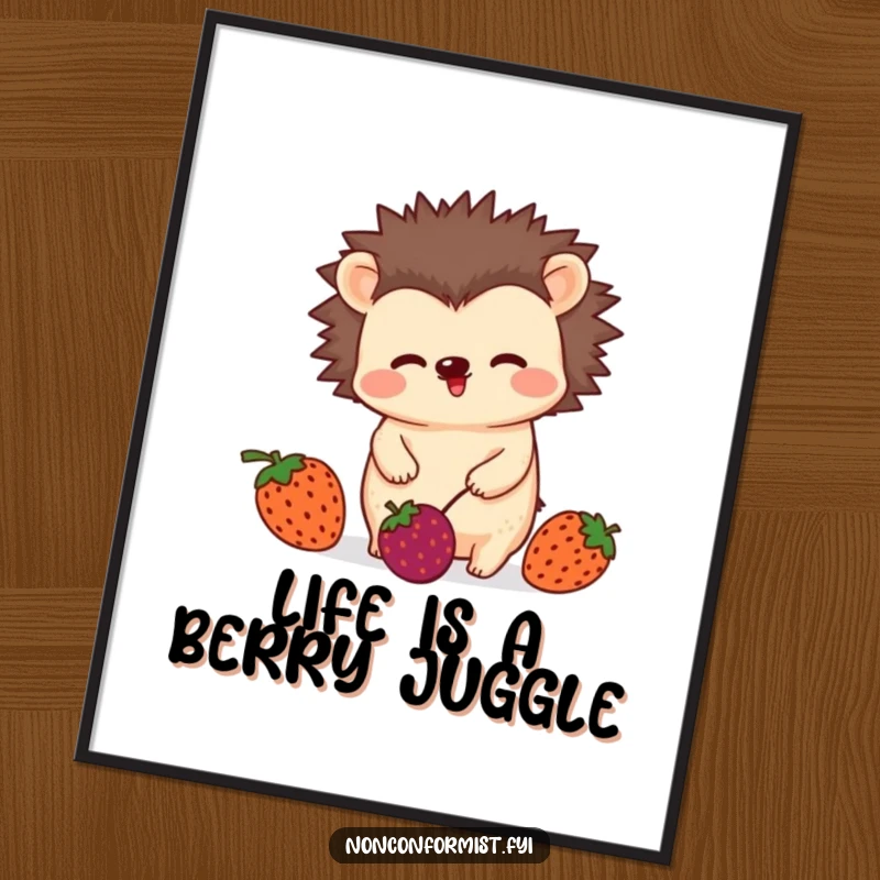 Funny Free Printable Wall Art depicting an unconventional hedgehog character with a playful wiggle, juggling three mismatched berries in a whimsical display.