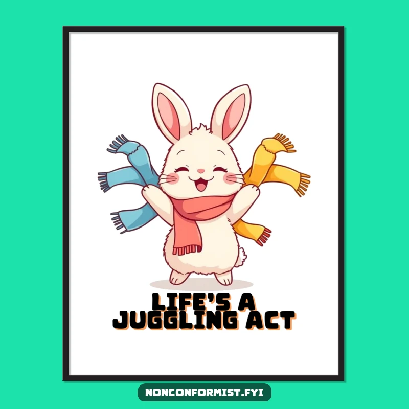 Free Printable Wall Art: Juggling Rabbit Scarves, Downloadable Cheerful Art
