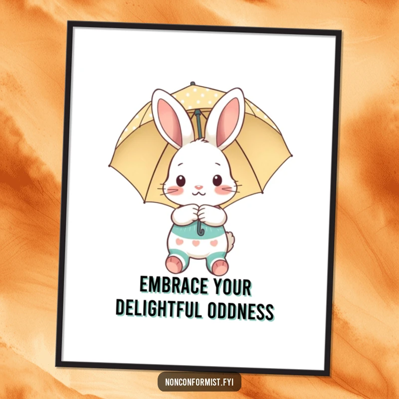 Funny Free Printable Wall Art featuring a shy bunny wearing mismatched socks, hiding behind a polka-dot umbrella.