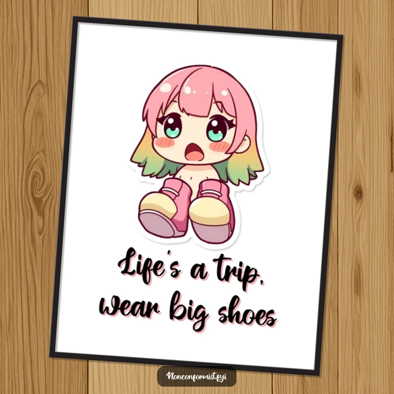 Funny Free Printable Wall Art: Cute character with a surprised gasp, wearing huge brightly colored shoes, whimsical downloadable art.