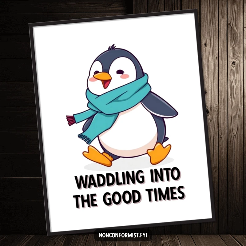 Funny Free Printable Wall Art: A playful penguin wearing a bright scarf trips adorably, bringing humor to any room.