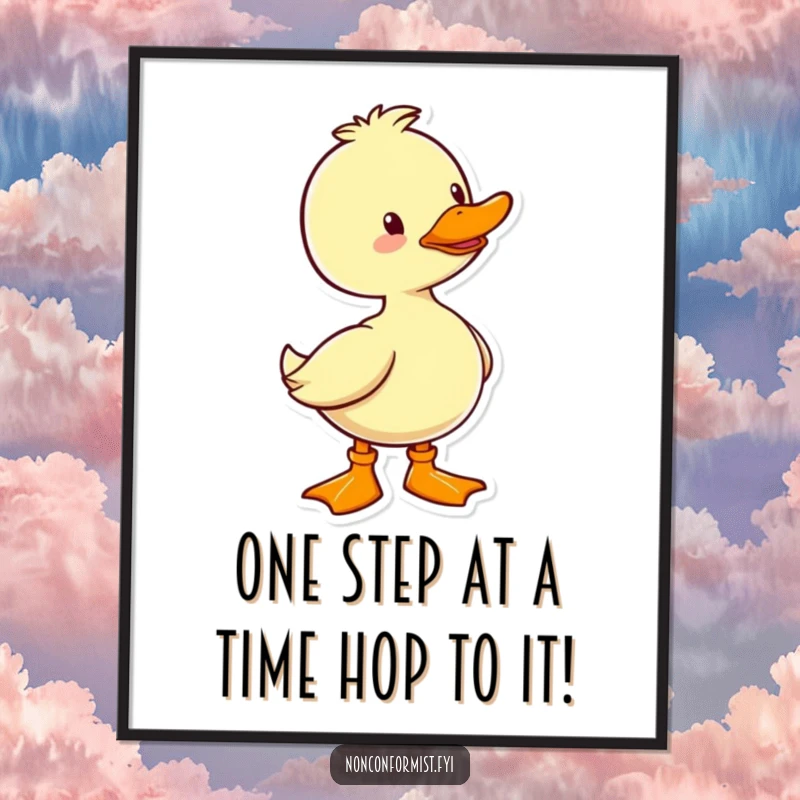 Funny free printable wall art of a cheerful duck confidently wearing a single, eye-catching brightly colored boot.