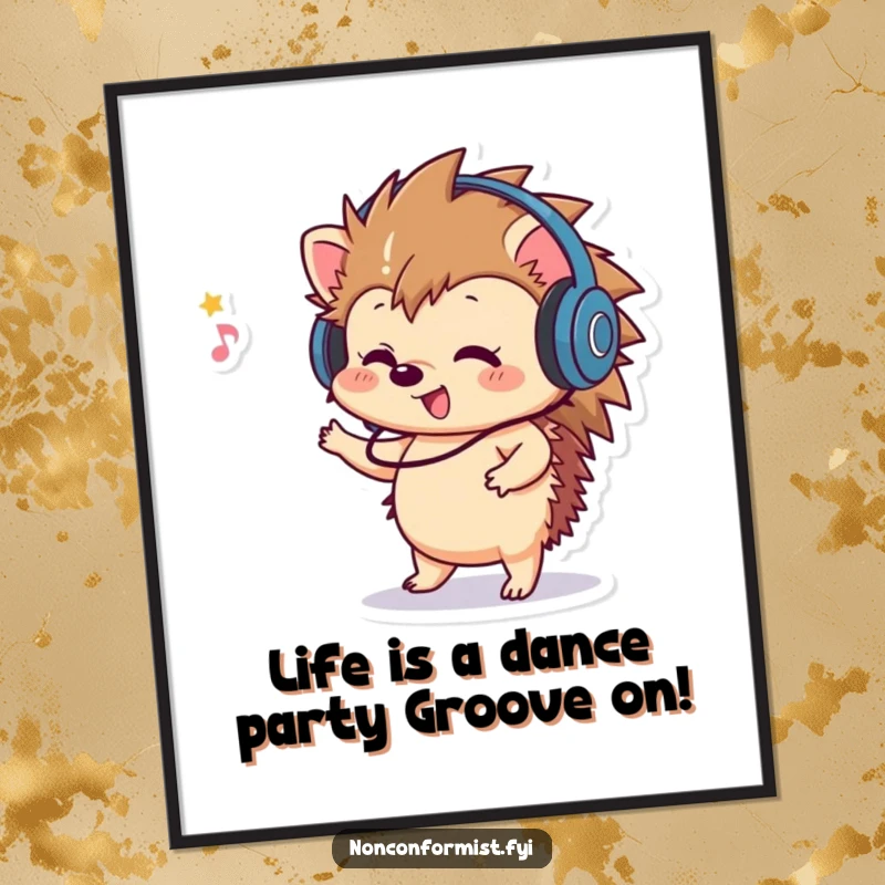 Funny free printable wall art of a playful hedgehog wearing headphones and grooving to unheard music.