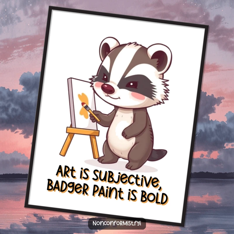 Funny Free Printable Wall Art: A badger with an intense, determined gaze passionately painting a comically crooked canvas, brush in paw.