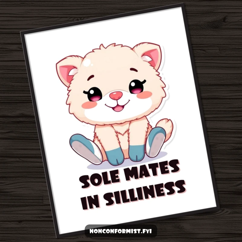 Funny Free Printable Wall Art: Cute fluffy animal with a proud grin shows off its mismatched socks, creating humorous decor.