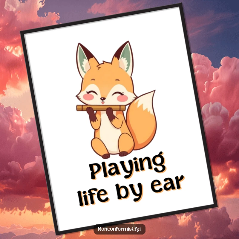 Funny free printable wall art depicting a happy fox playing a flute with its tail, creating a whimsical melody.