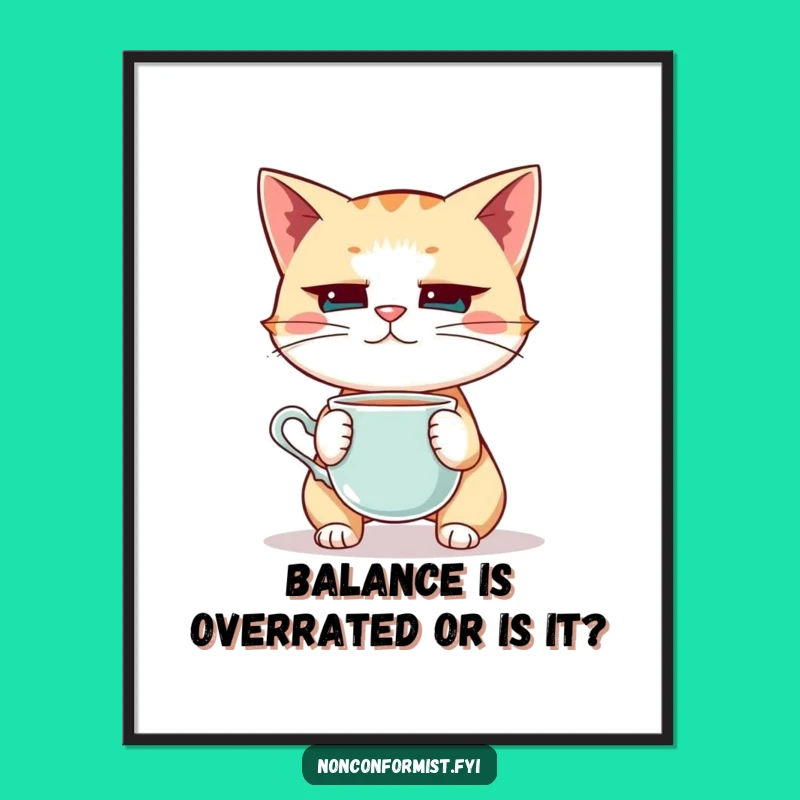 Funny Free Printable Wall Art: Intense Cat Teacup Balancing Act - Quirky Decor