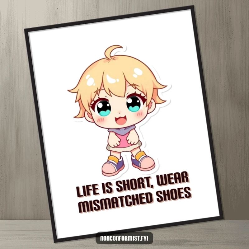 Funny Free Printable Wall Art: A character with exceptionally bright, wide eyes and comically mismatched shoes, radiating pure joy and optimism.