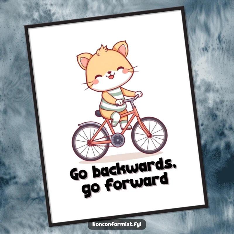 Funny Free Printable Wall Art depicting a cute animal wearing mismatched socks, grinning widely while riding a bicycle backwards with hilarious abandon.