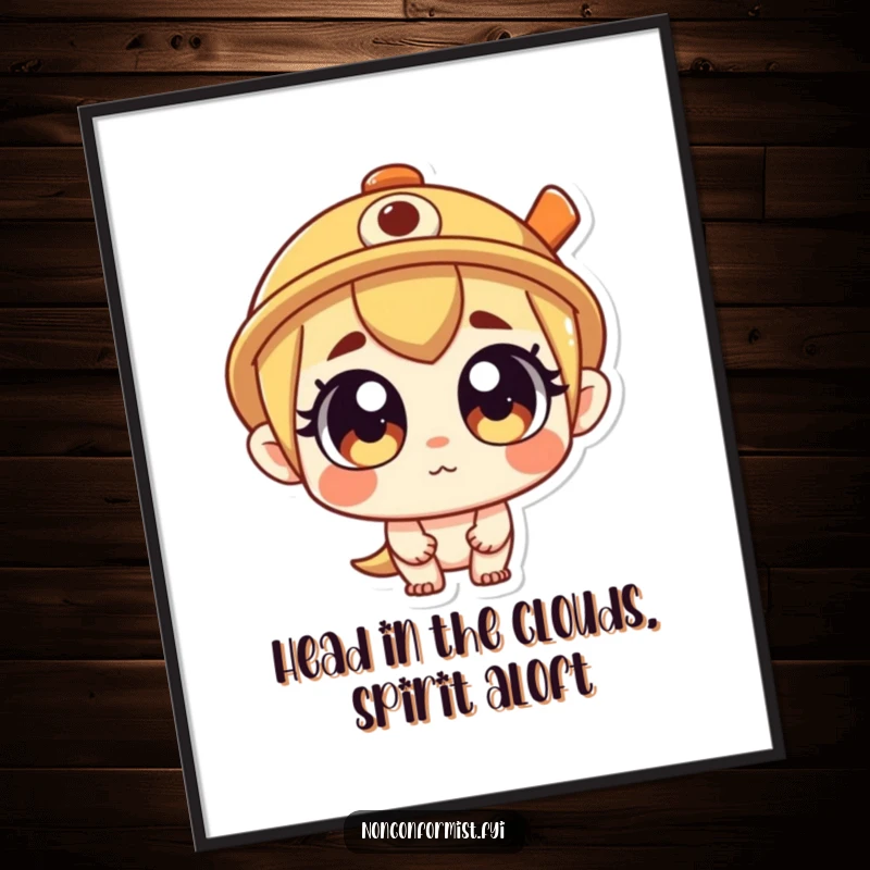 Funny Free Printable Wall Art: Curious propeller hat character with wide eyes looking up, whimsical downloadable art for home decor.