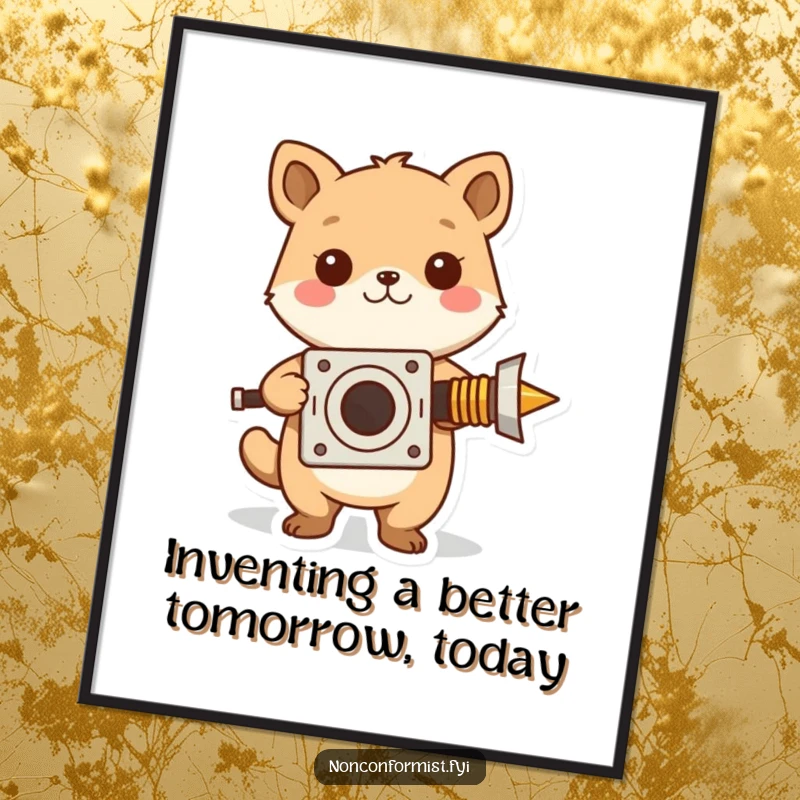 Funny Free Printable Wall Art: A cute animal beaming beside its peculiar, self-built contraption.