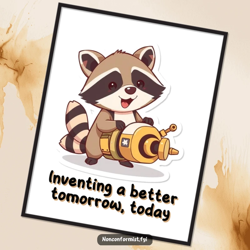 Funny Free Printable Wall Art: A clever raccoon intently constructing a bizarre, unique contraption with intense focus and a hint of mischief.