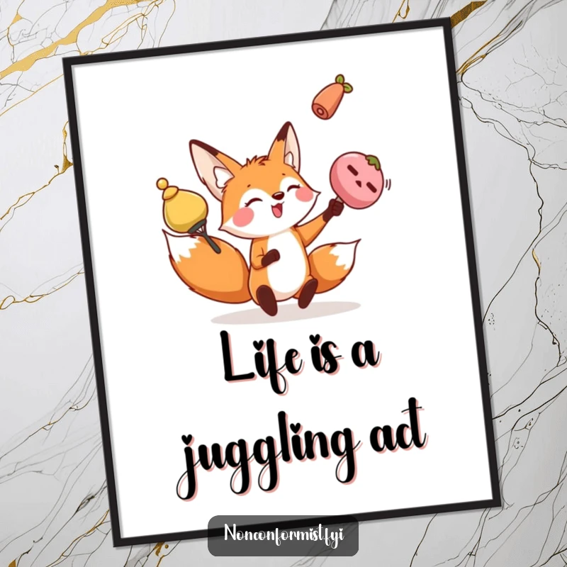 Funny Free Printable Fox Wall Art: Playful fox character juggling three different sized, oddly shaped objects.