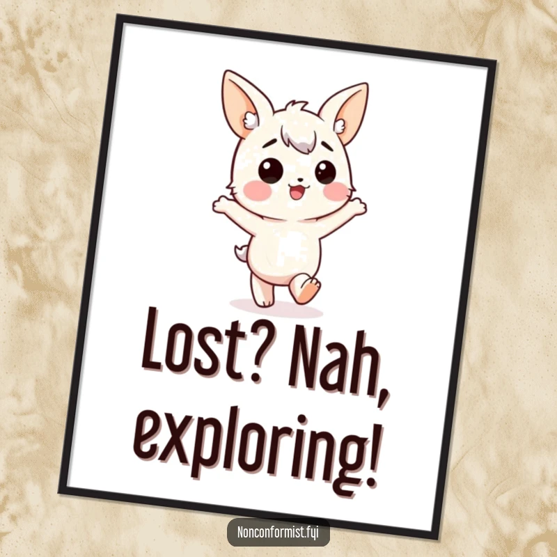 Funny Free Printable Wall Art: Character with mismatched ears happily marching in a comically wrong direction. Joyful, quirky downloadable art.