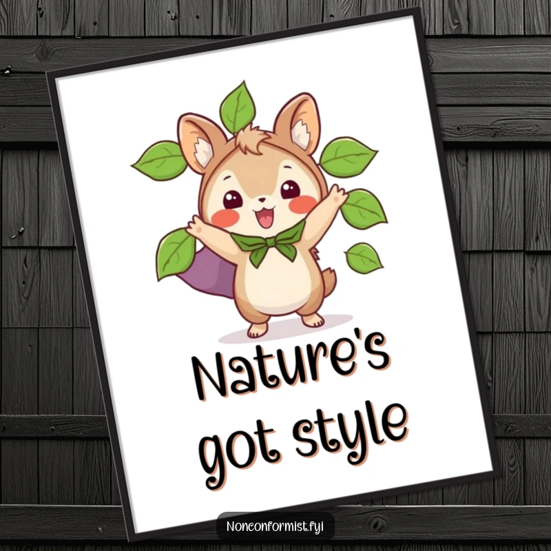 Funny Free Printable Wall Art: Small, excited animal proudly wears a homemade cape constructed from vibrant green leaves.