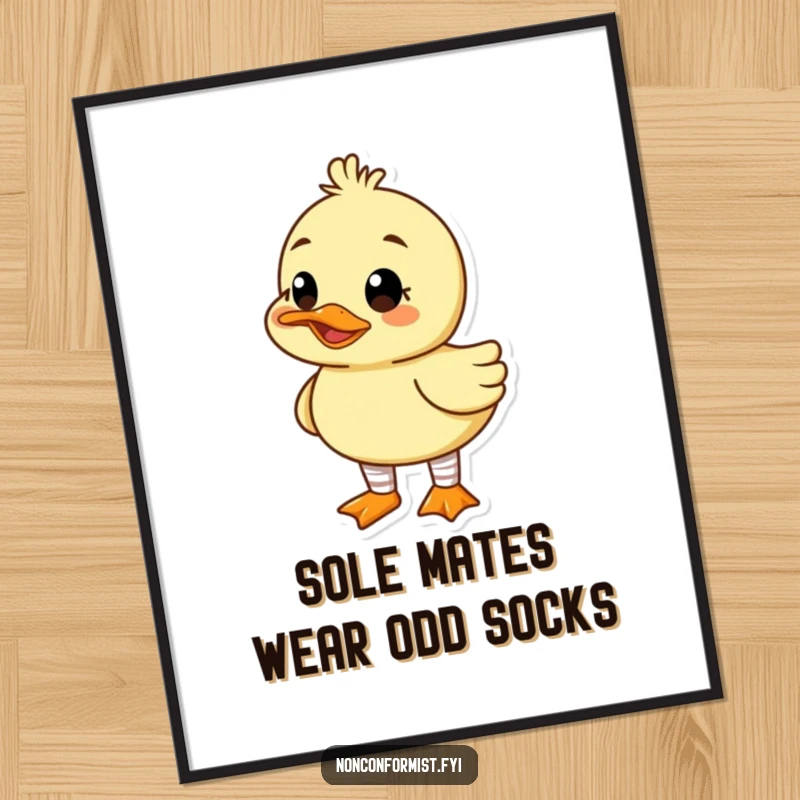 Funny Free Printable Wall Art: A cute duck with a goofy grin wears mismatched socks, pure downloadable fun.