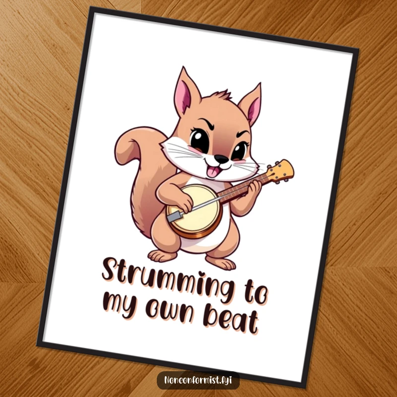 Funny free printable wall art: A squirrel plays a banjo with a proud, defiantly cheerful expression.