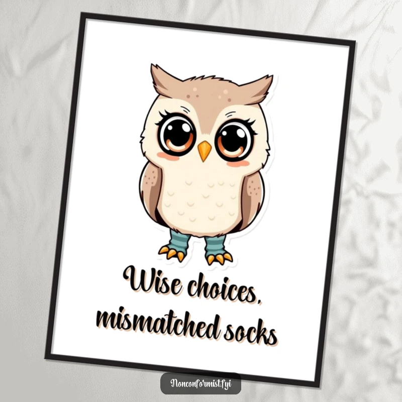 Funny free printable wall art: A cute owl with very mismatched socks stares with adorable confusion.
