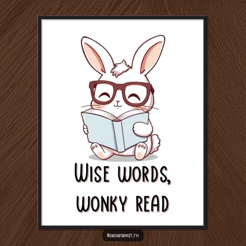 Funny Free Printable Wall Art: A curious bunny wearing glasses, reading a book held sideways, looking intelligent.