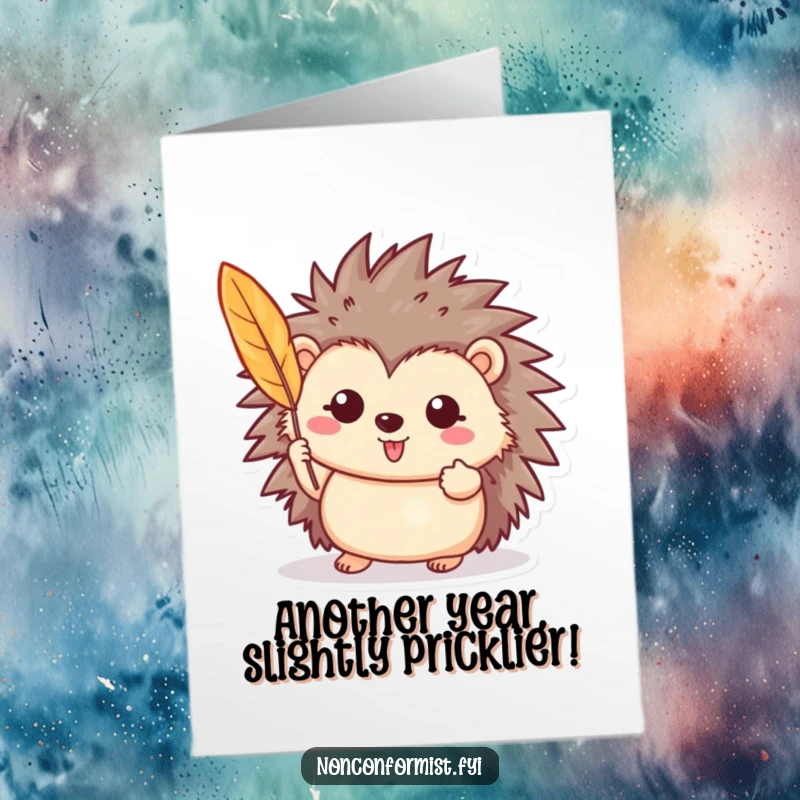 Funny free printable birthday card featuring a cheerful hedgehog proudly holding up a single, vibrant feather.