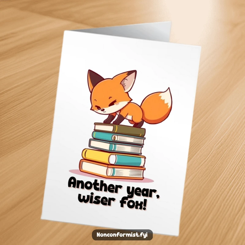 Funny free printable birthday card: a determined fox character precariously balances on a teetering stack of books.