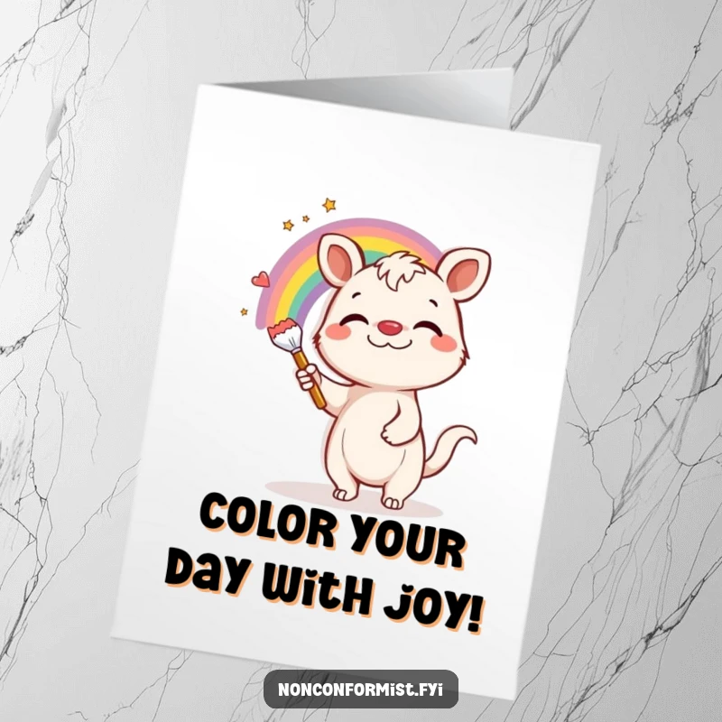 Funny Free Printable Birthday Card: A grinning animal gleefully paints a vibrant rainbow on a stark grey wall.